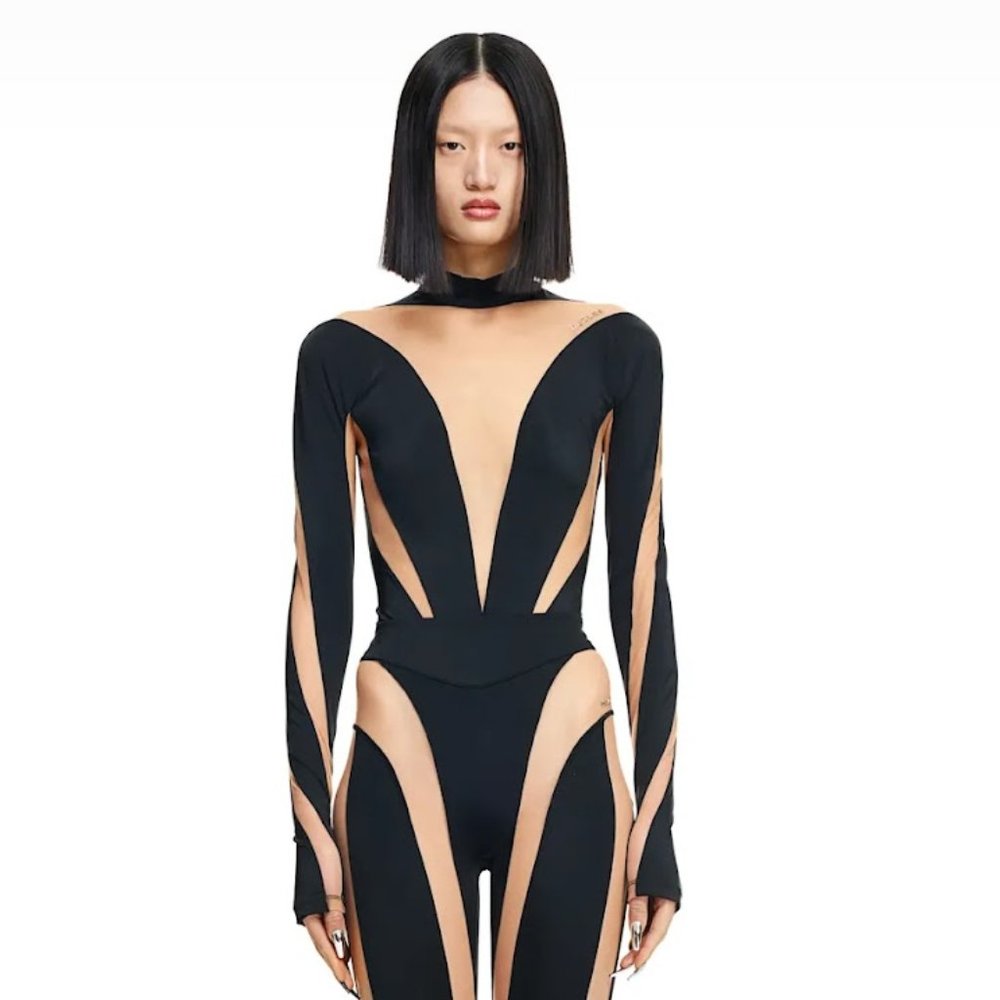 Mugler x H&M Mesh-paneled Bodysuit Beige/black